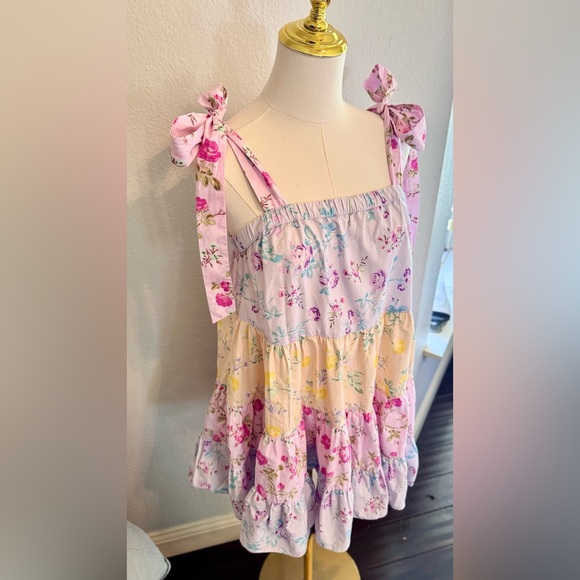 LOVESHACKFANCY Jeanne Pastel Floral Tiered Bow Strap Mini Dress 100% Cotton ~SM - Picture 8 of 16